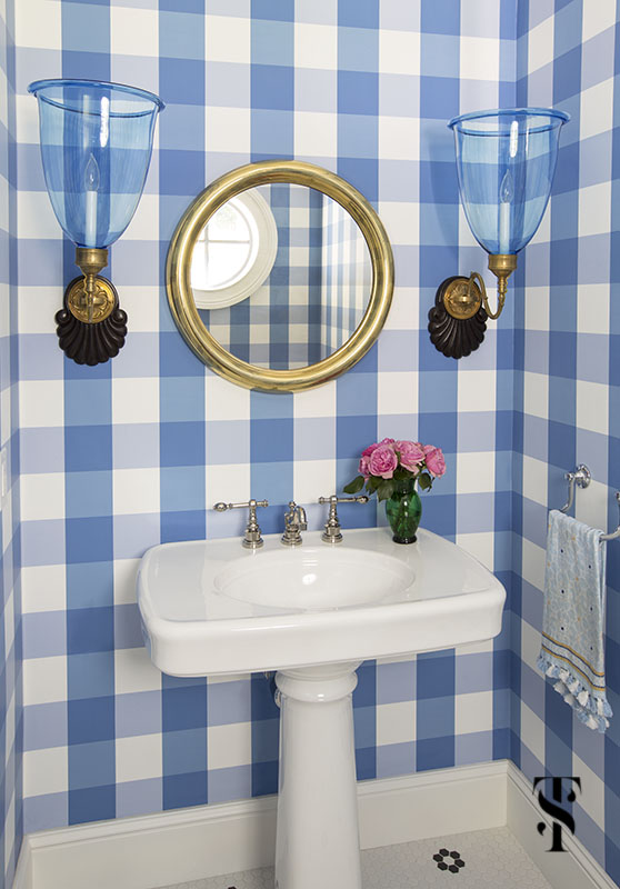 blue and white gingham powder room bathroom; interior design by summer thornton www.summerthorntondesign.com