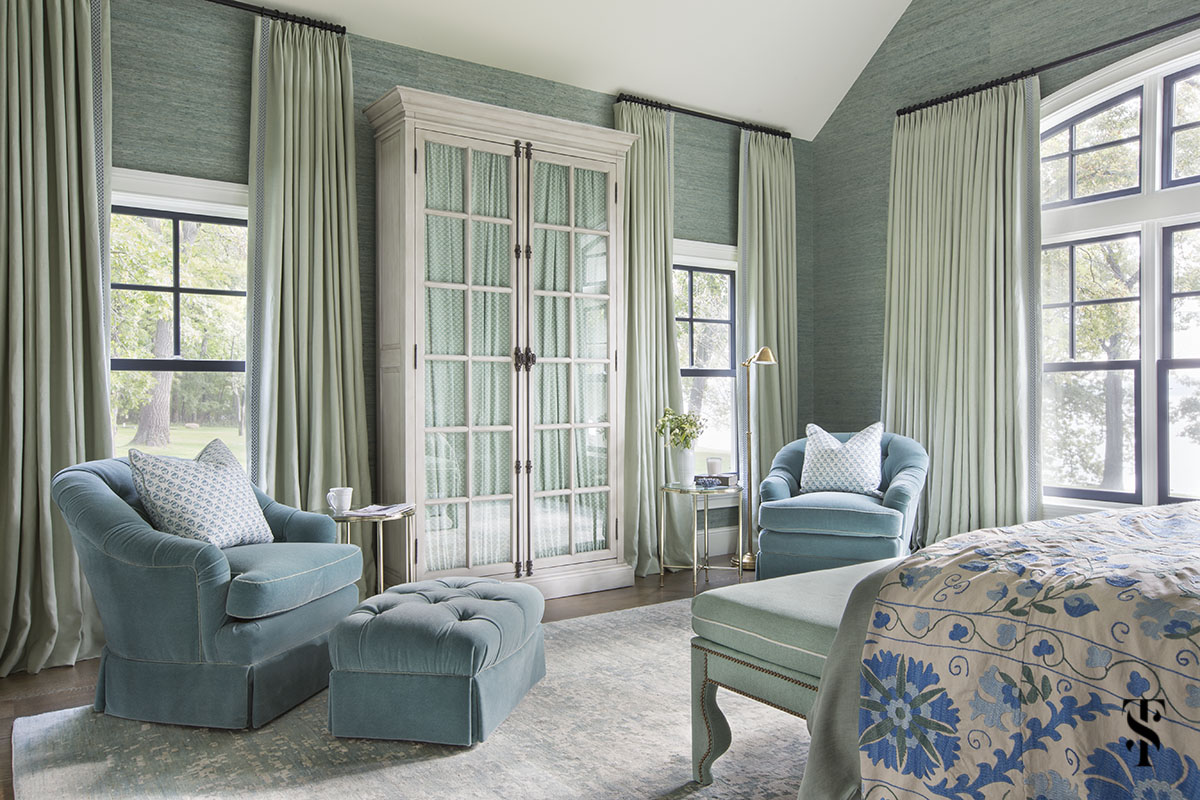green grasscloth walls and blue velvet reading chairs; interior design by summer thornton www.summerthorntondesign.com