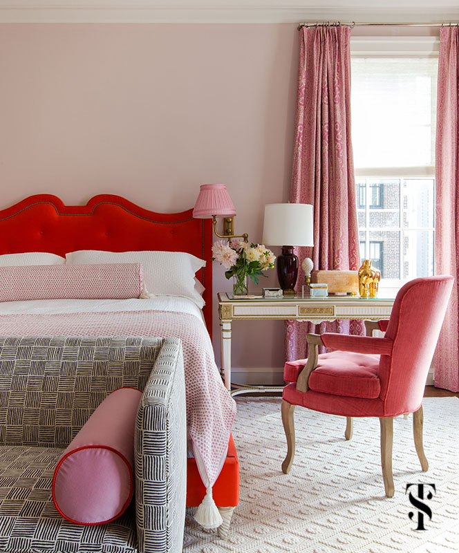 Interior design by Summer Thornton of a Chicago Co-Op at 1500 Lake Shore Drive. Ladies’ Bedroom features a pink and red color scheme.