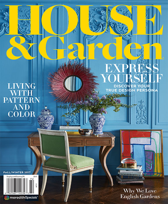 House & Garden cover with blue boiserie paneling at 1500 Lake Shore Drive - Interior Design by Summer Thornton