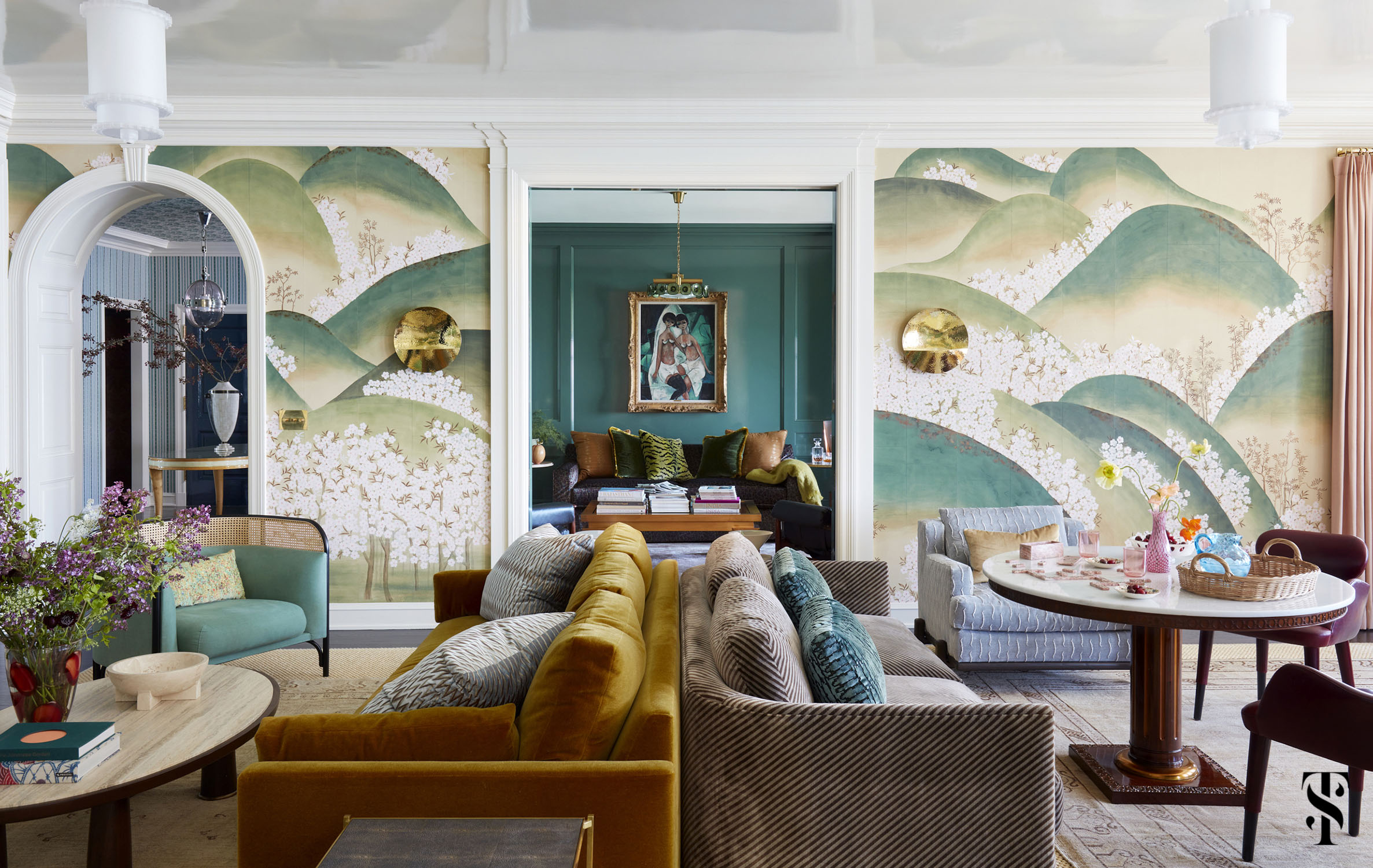 Living room designed by Summer Thornton featuring de Gournay Kiso Mountains wallpaper, Urban Electric Cogg pendants, and Soane Helios sconces beneath a high gloss lacquer painted ceiling using Fine Paints of Europe.
