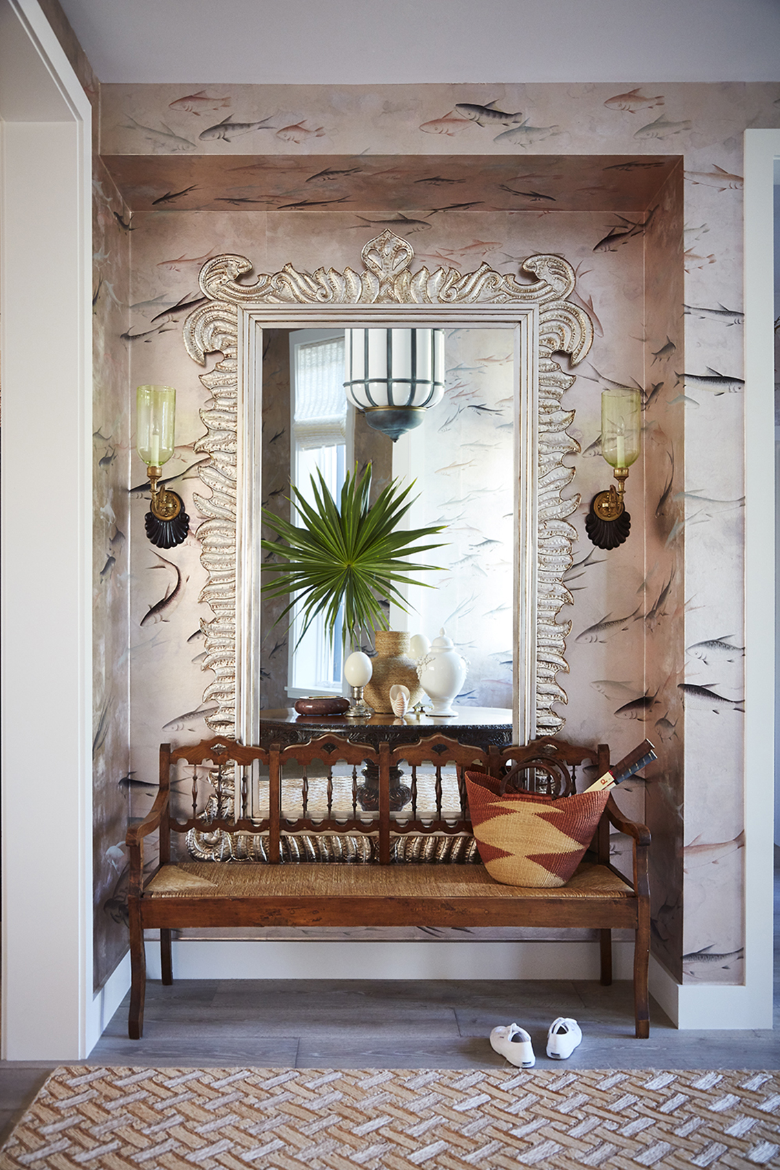 Foyer interior design by Summer Thornton in a Old Naples home with deGournay Fishes wallpaper