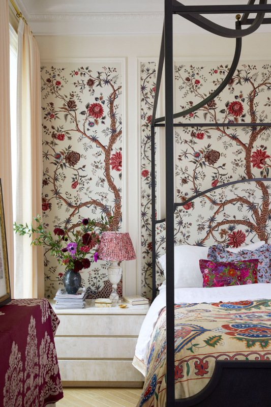 Summer Thornton’s personal Chicago residence designed by Summer Thornton. Master Bedroom features a layering of feminine patterns from around the world.