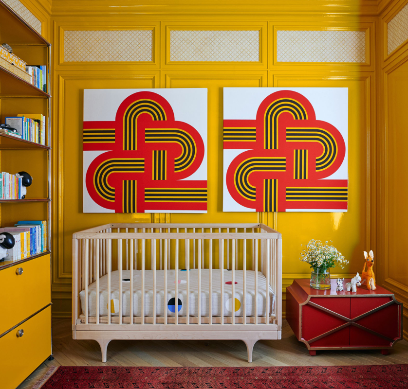 Summer Thornton’s personal Chicago residence designed by Summer Thornton. This little gentleman’s bedroom features Russian red carpet, glossy yellow wall panelling, William Morris textiles and Fornasetti clouds; wonderland; wonderland book; adventures in decorating; wonderland house; homes of interior designers; interior designer’s home; Fearless romantic interiors; victorian fantasy home; old meets new interiors, vintage interiors; curated interiors; curatorial interiors; whimsical interiors; secret garden; layered pattern interiors; white brick house; white brick exterior; Chicago townhouse; Lincoln Park townhouse design; romantic interiors; vintage vibes; entertaining homes; homes for entertaining; dreamy interiors; bold interiors; bold not basic; victorian remodel; old home remodel; townhouse remodel; lincoln park remodel; high style interiors; high end interiors; french wall paneling; chicago design; chicago interior designers; best chicago interior designers; best interior designer; Summer Thornton; Summer Thornton Design; chicago interior designer; famous interior designer; celebrity interior designer; best interior designer
